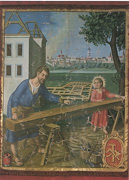 Zimmerer-Handwerk (in Enns). Fahnenbild 1753, Hl. Josef und Jesuskind arbeiten am Dachstuhl eines Hauses.[6]